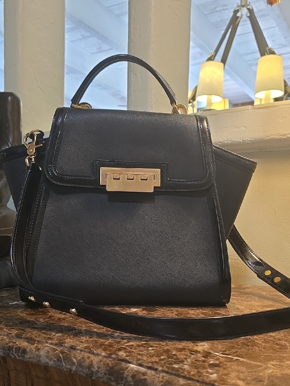 Zac Posen Black Structured Top-Handle Satchel with Gold Hardware